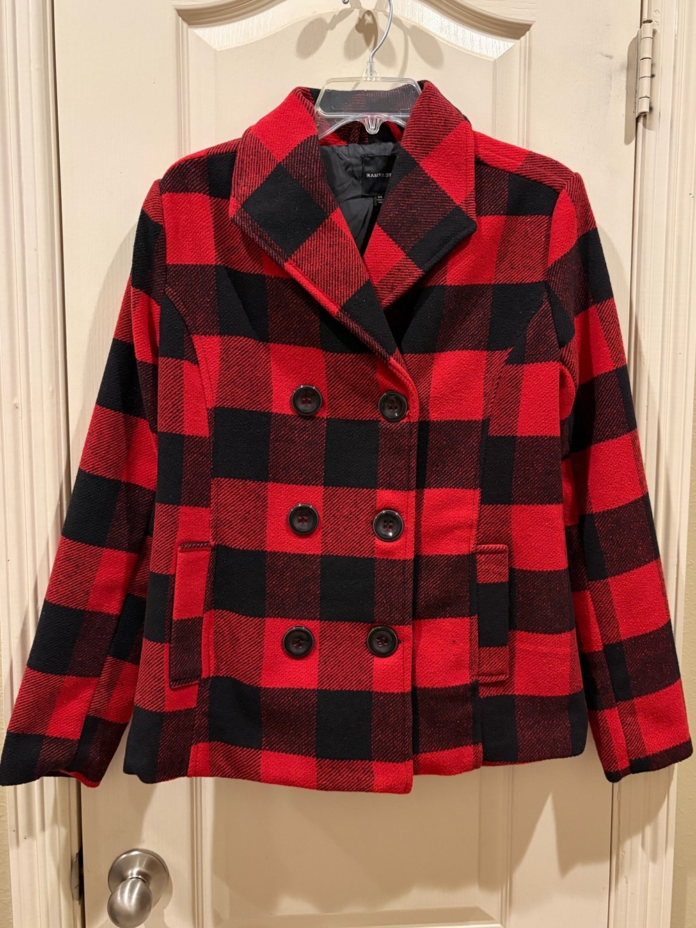 Rampage Women’s M Red Black Buffalo Plaid Pea Coat Double Breasted Jacket 990435